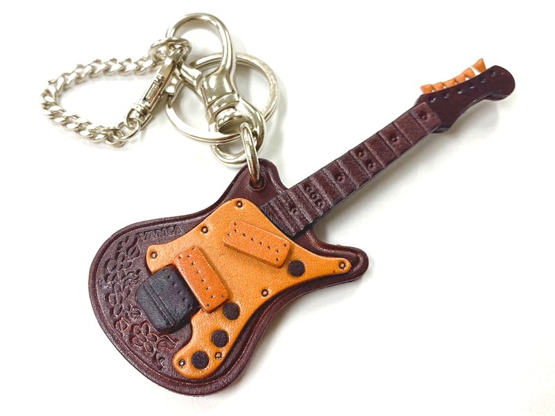 GENUINE 3D LEATHER ELECTRIC GUITAR HANDMADE LEATHER GOODS/BAG CHARM - Keychains - Genuine Leather Brown