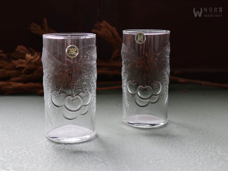 Early imported transparent water cup-embossed cherry (old object/old piece/glass/fruit) - แก้ว - แก้ว สีใส