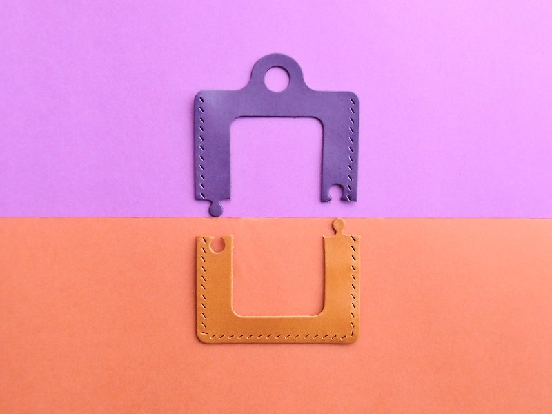 經典砌圖雙色證件套—深紫 x 橘棕 PURPLE x TAN  好好縫 皮革材料包 免費刻字 手工包 砌圖 puzzle 情侶禮物 卡夾 咭套 證件套 証件夾 - 證件套/識別證套 - 真皮 紫色