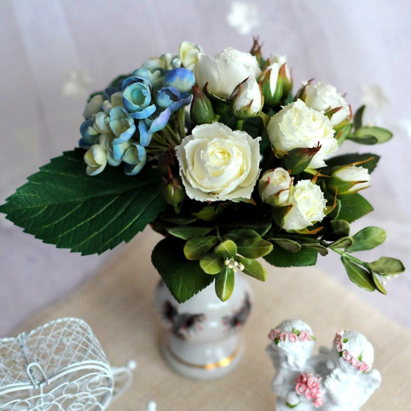 Small bouquet in vase for home decor. Handmade flowers hydrangea and roses 小花束 - Plants - Other Materials Multicolor