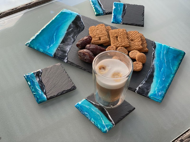 Beach slate coasters and resin ocean cheese board  海洋 3d列印 餐盤 盤子 砧板 切菜板 杯墊 藍染 - 盤子/餐盤/盤架 - 樹脂 藍色