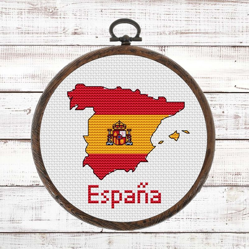 Map of Spain with national emblem Cross Stitch Pattern Modern, Spain Flag chart - 手工藝教學/工具書 - 其他材質 