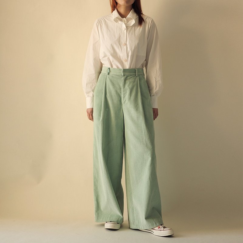 Corduroy Pleated Wide-legg Trousers /Mint Green/ - Women's Pants - Cotton & Hemp 