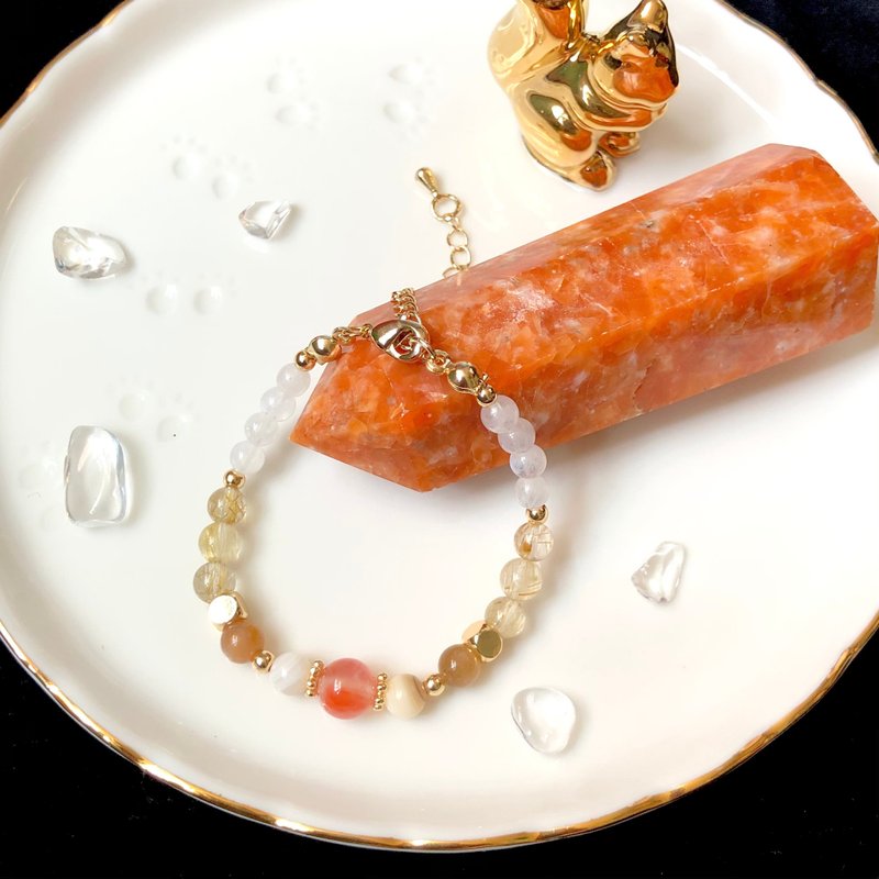 楓—冰飄南紅瑪瑙 夜光貝 太陽石 金髮晶 月亮石 14k包金水晶手鍊 - 手鍊/手環 - 水晶 金色