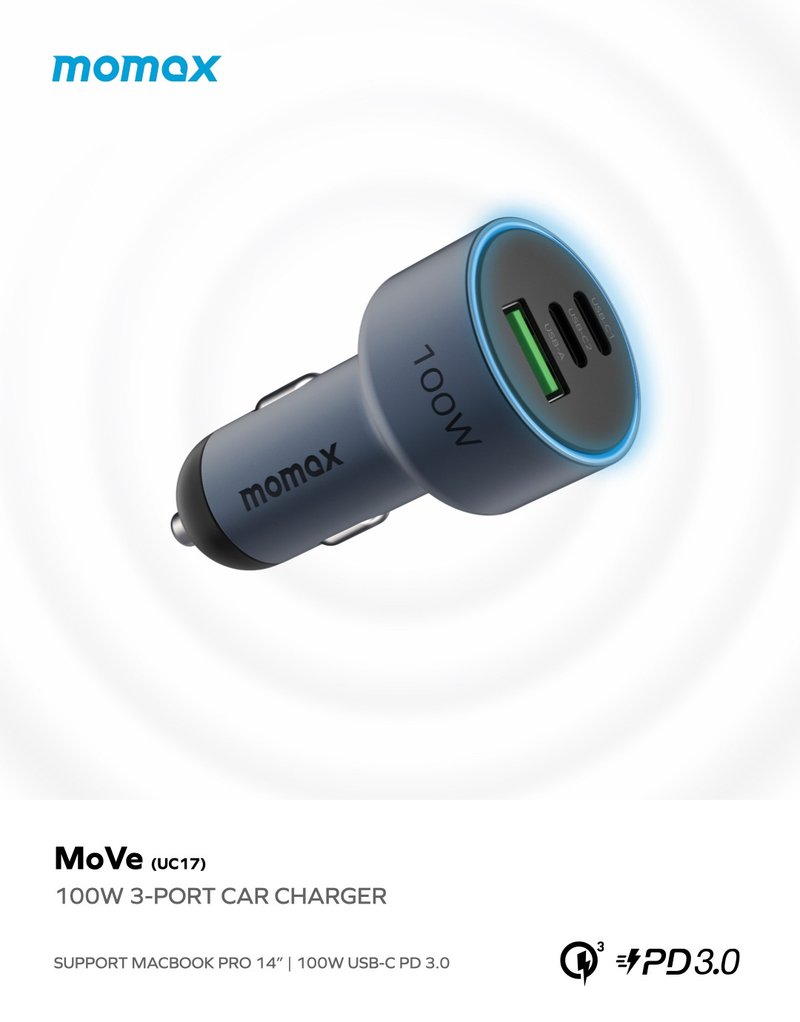 Momax MoVe 100W triple-port car charger UC17 - Phone Accessories - Other Metals Black