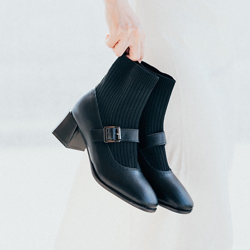Keizu 好鞋好設計 六公分瑪莉珍拼接襪靴 | 黑 | 韓國設計