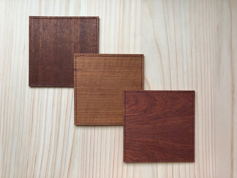 Coaster/mat (a set of three pieces)_selected pure natural solid wood leather use_food grade adhesive use - ที่รองแก้ว - ไม้ 