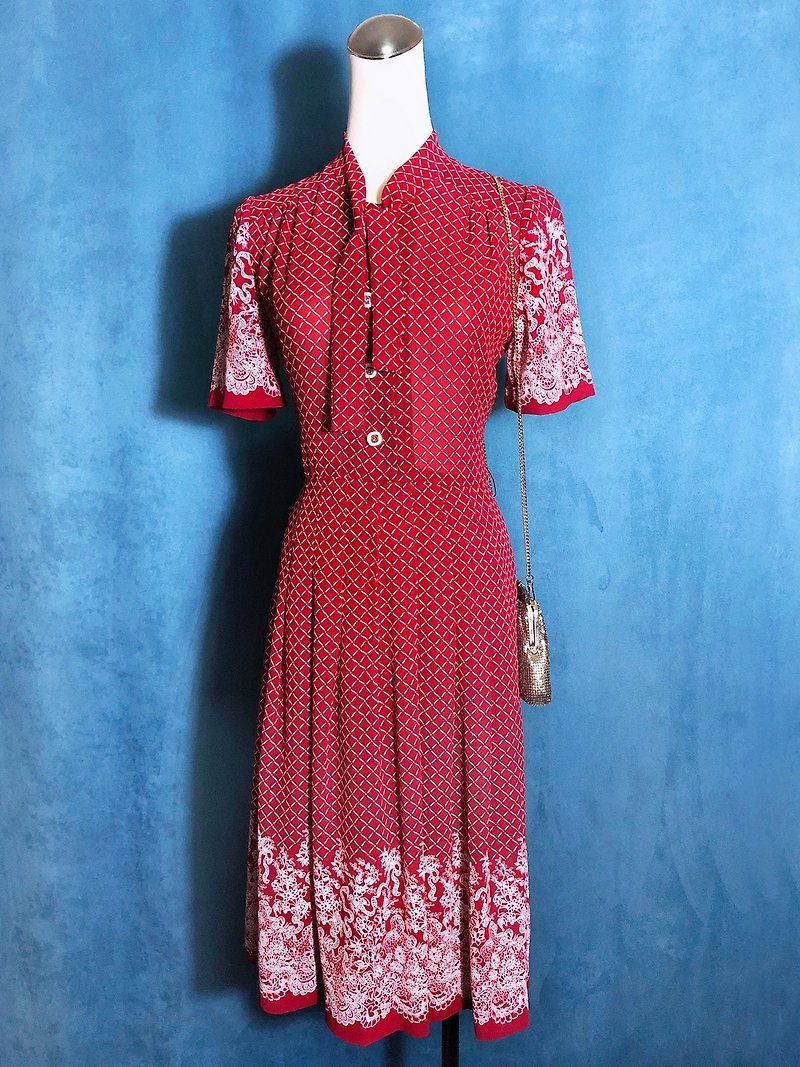 格紋領結印花短袖古著洋裝/ 國外帶回 VINTAGE - 連身裙 - 聚酯纖維 紅色