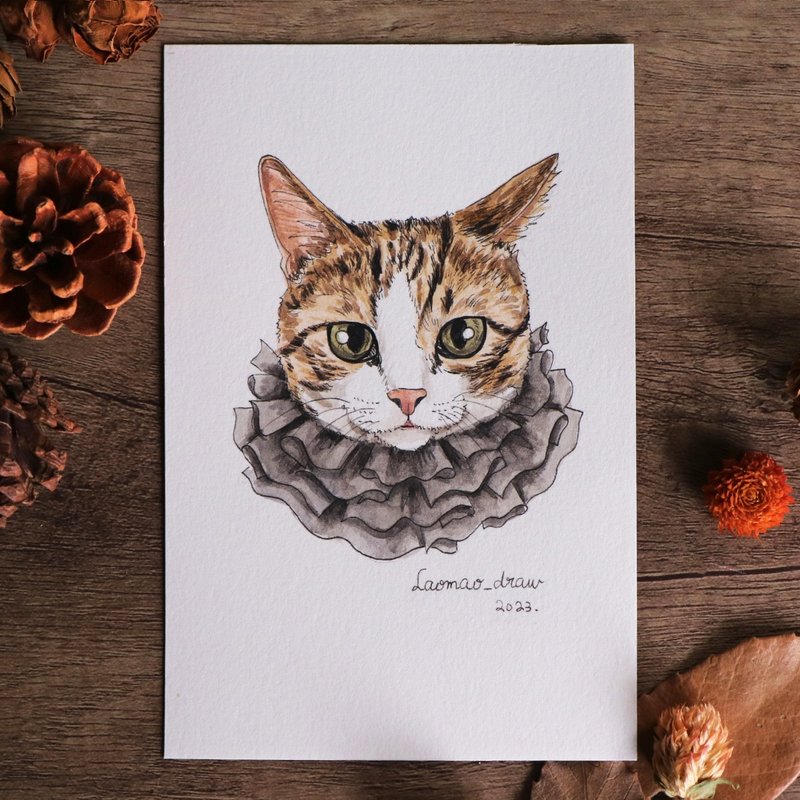 Watercolor illustration original cat head portrait 4X6 6 inches 3008 white background tabby cat and ruff collar - Posters - Paper 