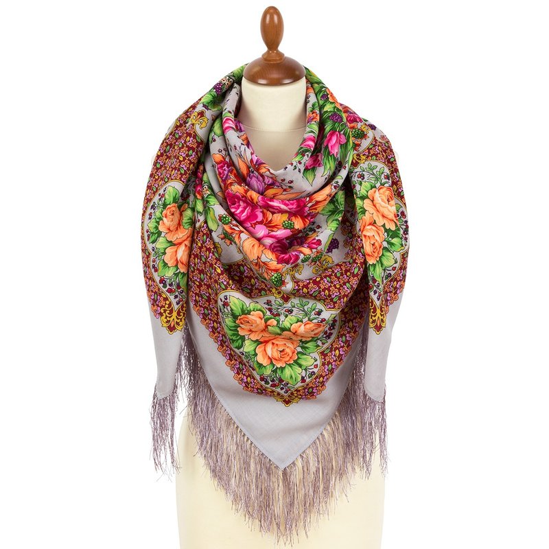 Pavlovo Posad Russian Shawl 100% Wool Scarf 125x125 cm Wrap Silk Fringe 2057-1 - 絲巾 - 羊毛 灰色