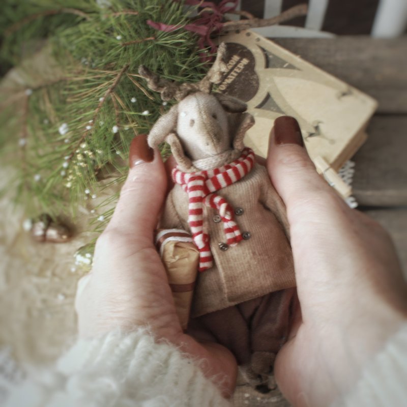 Miniature teddy, Christmas teddy deer, teddy deer ooak, teddy deer Rufus - ตุ๊กตา - วัสดุอื่นๆ 