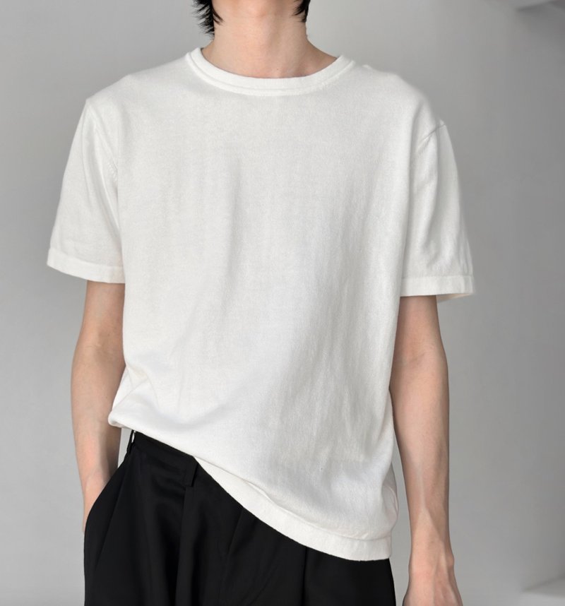 Minimalist lazy knitted round neck short-sleeved T-shirt - เสื้อยืดผู้ชาย - วัสดุอื่นๆ ขาว