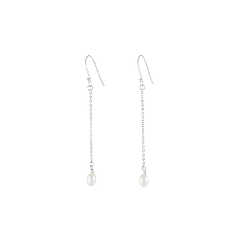 Tiny Oval Pearl Silver Drop Earrings Small Oval Pearl Sterling Silver Drop Earrings - ต่างหู - ไข่มุก สีเงิน