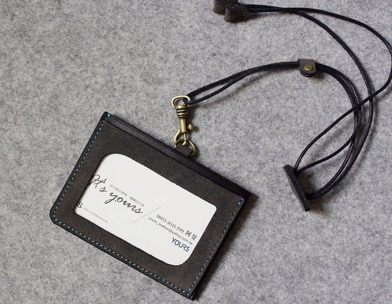 Three-pocket large-capacity document holder horizontal gray suede + personality black (including adjustable neck strap) - ที่ใส่บัตรคล้องคอ - หนังแท้ 