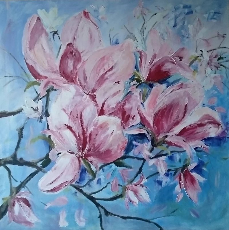ピンクのモクレンの花、穏やかな春の自然の風景、オリジナルの絵画、風水アート - ウォールデコ・壁紙 - その他の素材 ピンク