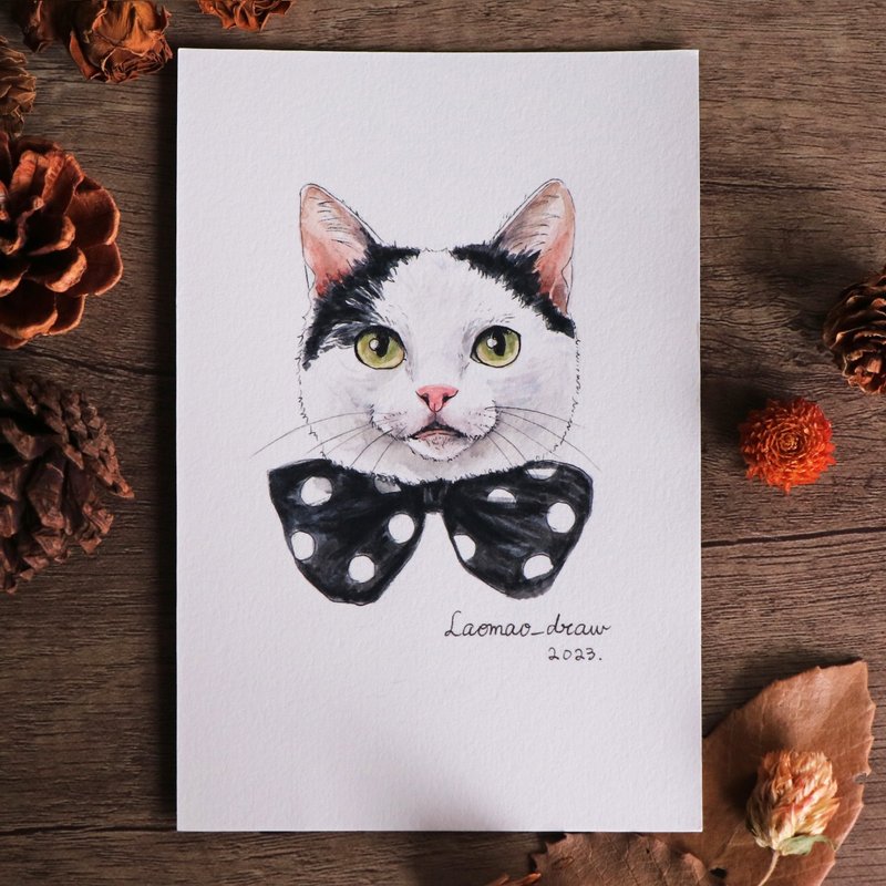 Watercolor illustration original cat head portrait 4X6 6 inches 0004 Cow cat with bow tie - Posters - Paper 