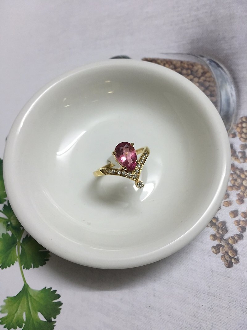 Pink Tourmaline with diamond 14 carat gold Finger Ring Handmade in Nepal - General Rings - Gemstone 