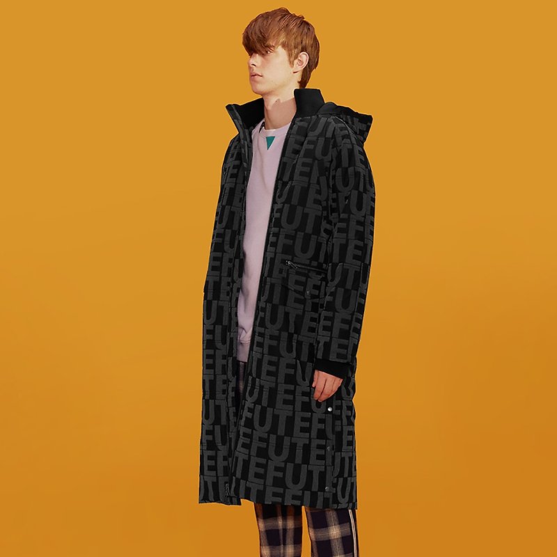 Unisex Reflective Print Long Hooded Quilted Coat / Reflective Black - Men's Coats & Jackets - Polyester Black