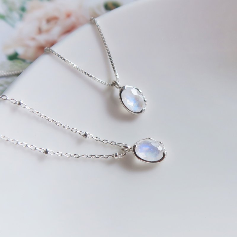 925 sterling silver moonstone oval diamond face dot chain box chain necklace long chain clavicle chain - สร้อยคอ - เงินแท้ ขาว