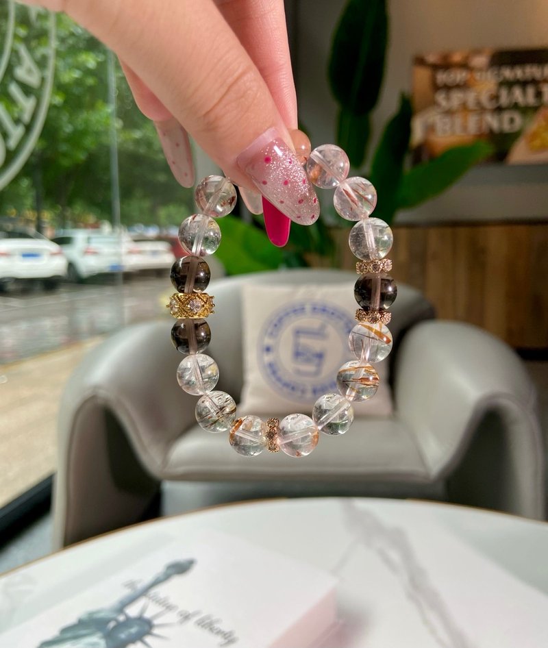 暗宙金芒 茶晶 黑金超七水晶手鏈 穩定情緒 招財 提升能量情侶款 - 手鍊/手環 - 玉石 