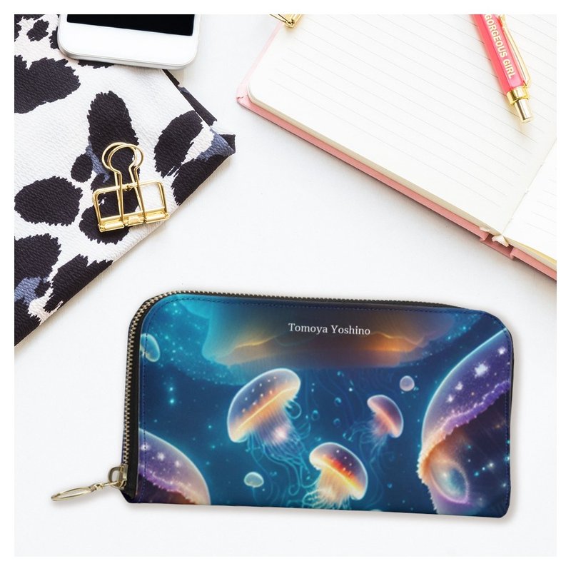 A dreamlike, dreamy, and cute jellyfish swimming in the deep sea like space, glowing in glittering neon colors. Long wallet pouch, genuine leather - กระเป๋าสตางค์ - หนังแท้ หลากหลายสี