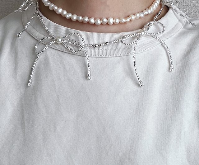 beads ribbon necklace pearl ribbon necklace with silver glitter