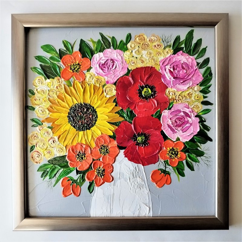 Textured Acrylic Painting Bouquet of Wildflowers in a Vase - Floral Art - 壁貼/牆壁裝飾 - 壓克力 多色