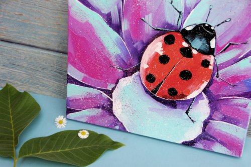てんとう虫の絵画 花のオリジナルアート 保育園の壁飾り 農場のアート