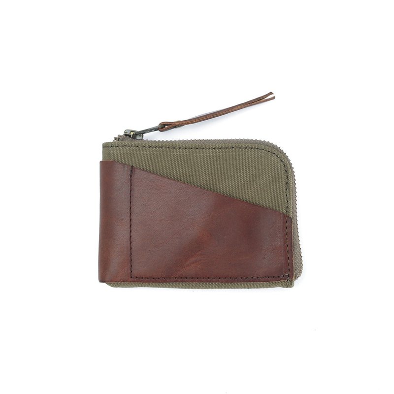 Men's and women's wallets short leather with canvas multi-purpose zipper coin purse everyday wallet - Coin Purses - Genuine Leather Green