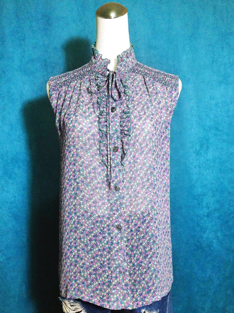 Ping-pong vintage [vintage shirt / shoulder flounced chiffon decorated with flowers sleeveless vintage shirt] abroad back VINTAGE - เสื้อเชิ้ตผู้หญิง - เส้นใยสังเคราะห์ หลากหลายสี