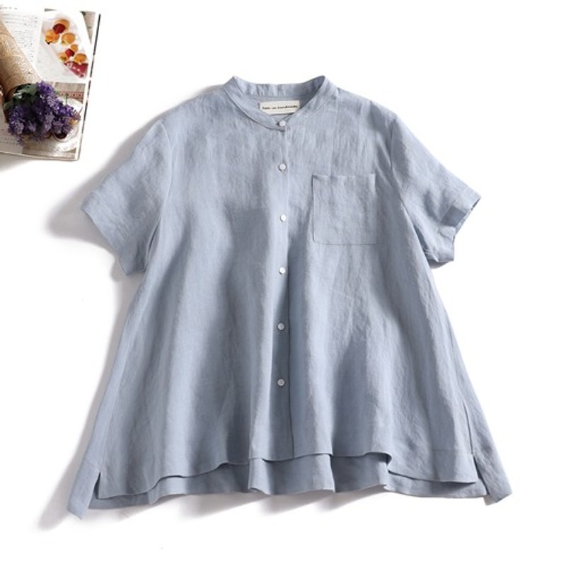 A rough and refreshing top-quality Linen shirt . Linen of 100% linen, short sleeves, light blue, 190710-5 - เสื้อผู้หญิง - ผ้าฝ้าย/ผ้าลินิน 