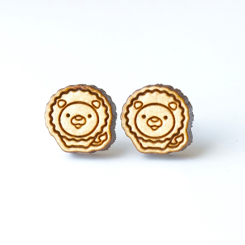 素色木耳環-小獅子 - 耳環/耳夾 - 木頭 咖啡色