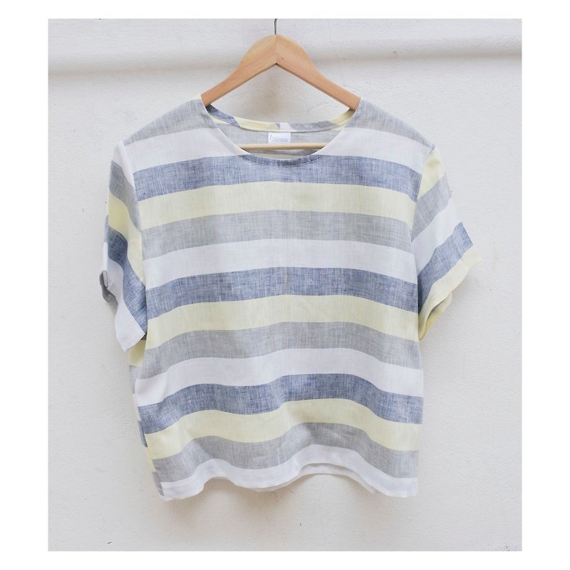 Round neck, short sleeve, cream-colored striped shirt. - Women's Tops - Cotton & Hemp Multicolor