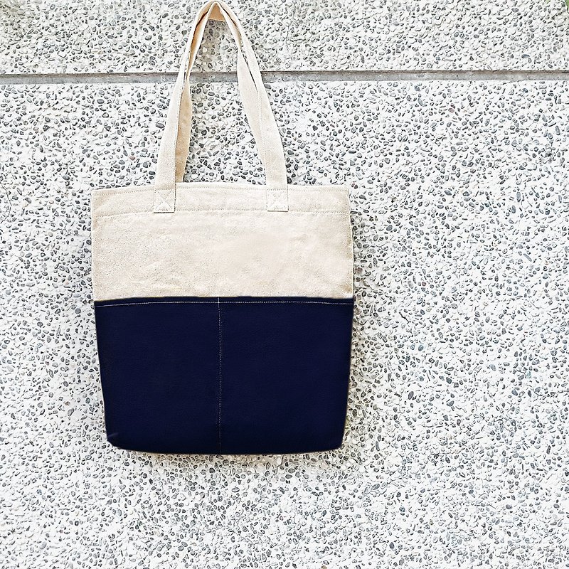Thick canvas color matching double pocket tote bag (shoulder bag / handbag) - dark blue - Messenger Bags & Sling Bags - Cotton & Hemp Yellow
