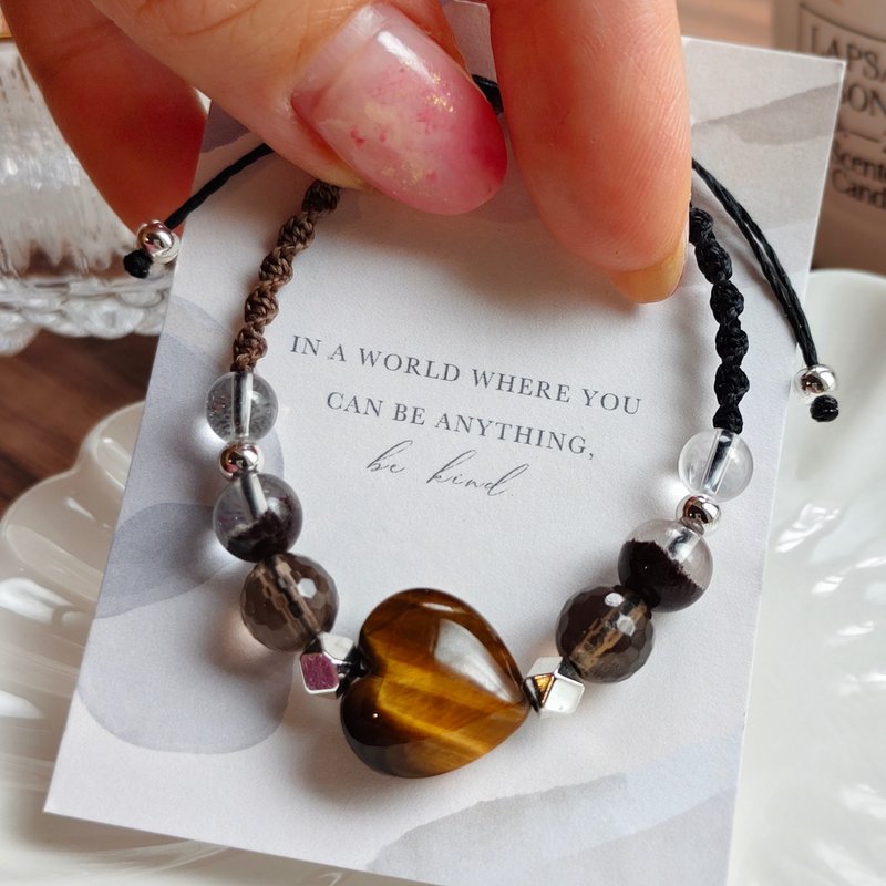 【愛心黃虎眼x紅幽靈牛奶糖色系編織手鏈 】招財聚財守財 - 手鍊/手環 - 水晶 咖啡色