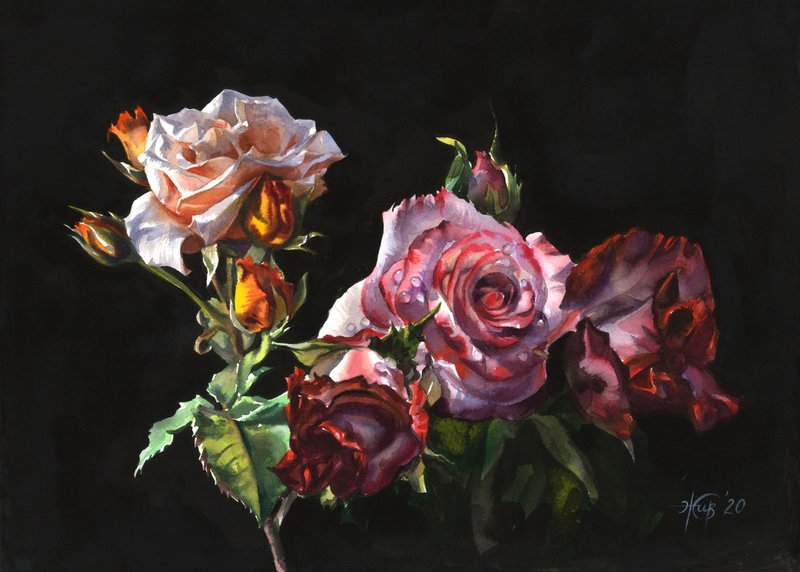 Rose original watercolor painting by artist Irina Zhunaeva - 壁貼/牆壁裝飾 - 紙 多色