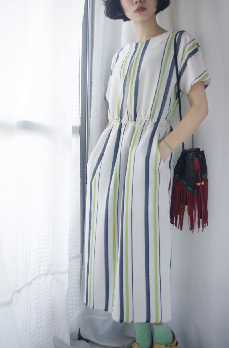 設計手作 夏日清爽綠色系直紋米白連身洋裝 - 洋裝/連身裙 - 其他人造纖維 白色