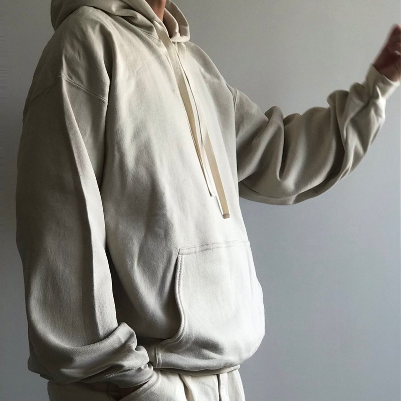 big silhouette hoodie / ecru beige / plain / hand embroidery / unisex - 帽T/大學T - 棉．麻 卡其色