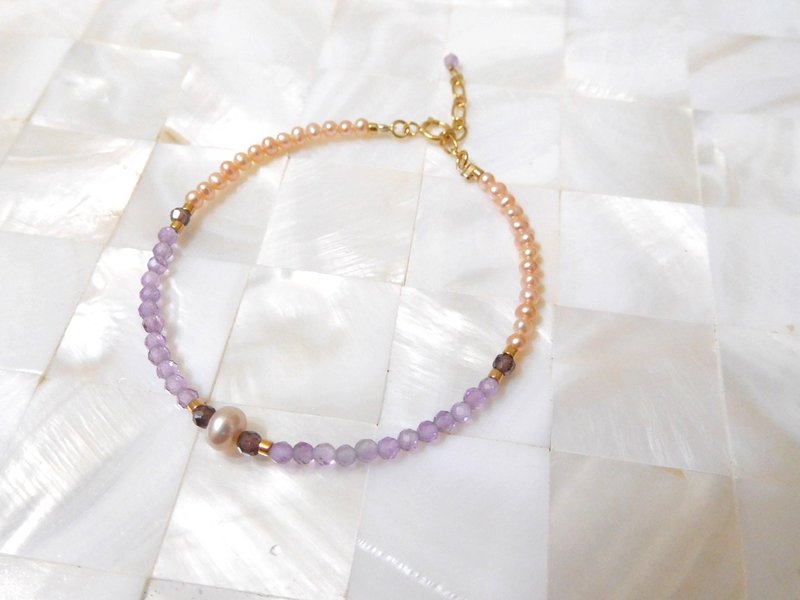 14k gold amethyst pink pearl bracelet, length can be customized only one - สร้อยข้อมือ - โลหะ สีม่วง