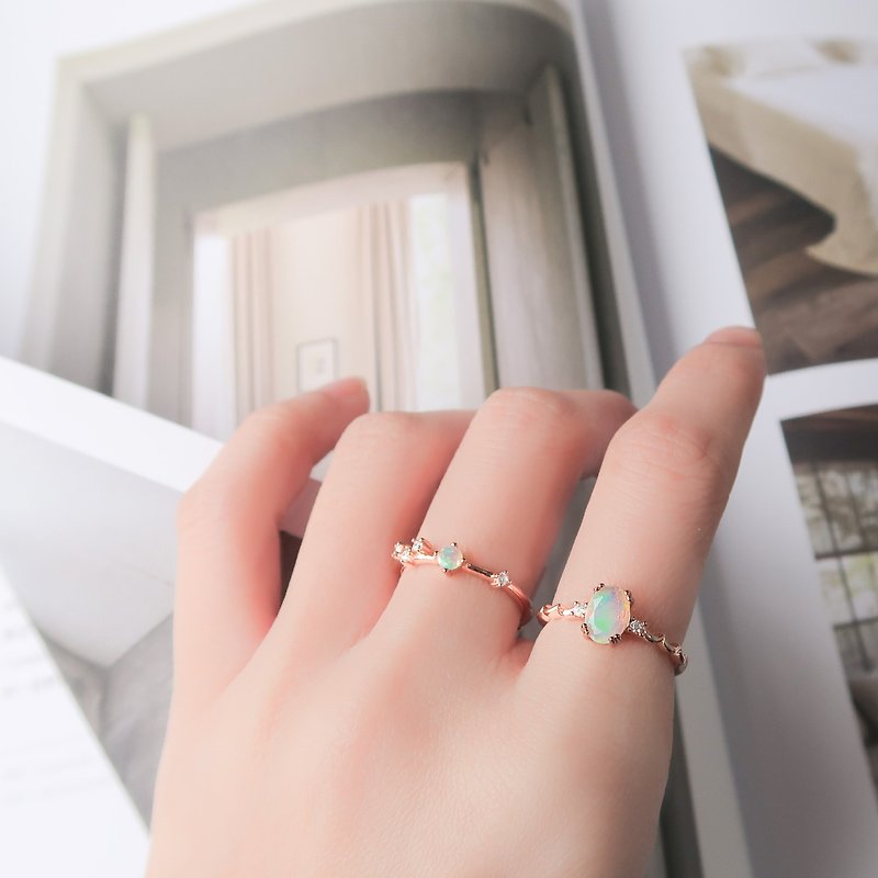 / Caress My Heart/ Set of Two Opal Opal 925 Sterling Silver Handmade Natural Stone Rings - แหวนทั่วไป - เงินแท้ หลากหลายสี