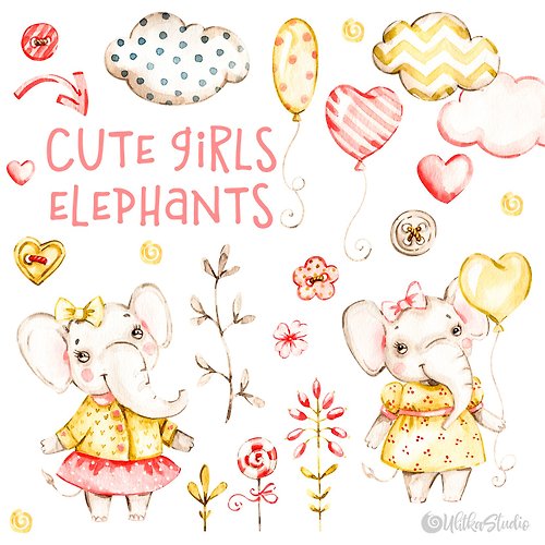 UlitkaStudio Watercolor cute elephant clipart, hand painted Baby girl nursery Animals