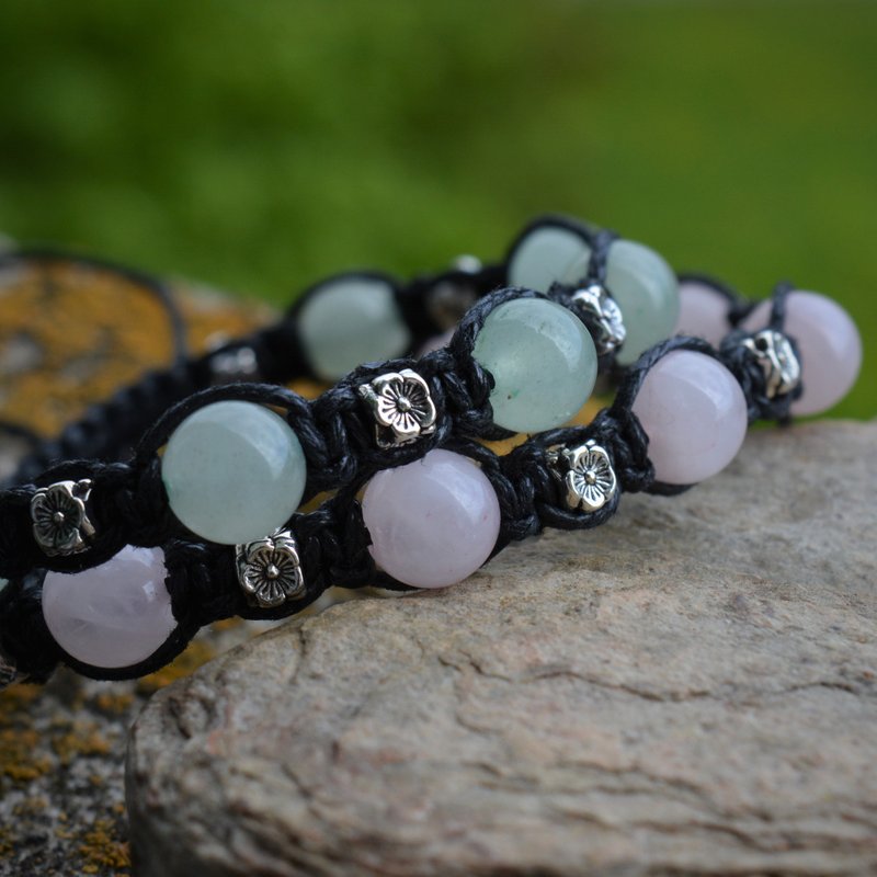 Green aventurine bracelet Rose quartz bracelet Couple gemstone woven bracelets - Bracelets - Cotton & Hemp Black