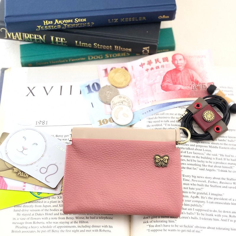 Shrapnel multi-function small bag --- coin purse / key / headset / banknote / card - Coin Purses - Genuine Leather Pink