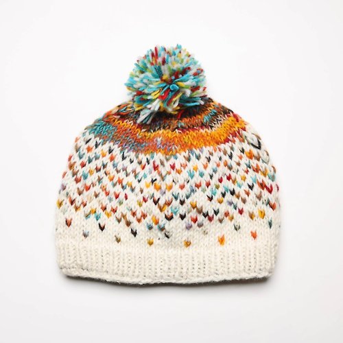 M31仙女星工作室 奶白彩虹點點純羊毛線手工編織半襯防風毛帽|交換禮物|母親節禮