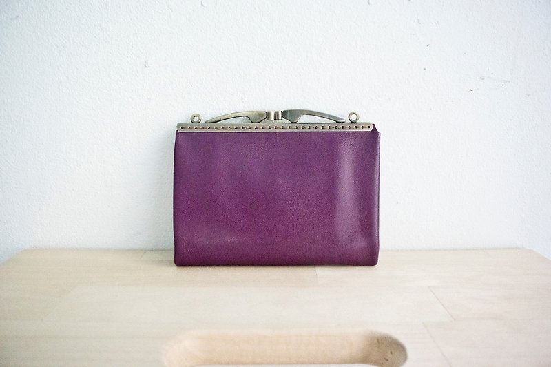 Leather Kisslock Clutch, Wallet, Frame Purse, Long Wallet/ Purple grape - Wallets - Genuine Leather Purple