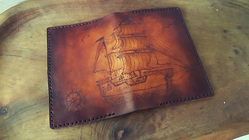 客製古帆船復古純牛皮護照夾 (訂做情人、生日送禮) - 護照夾/護照套 - 真皮 咖啡色