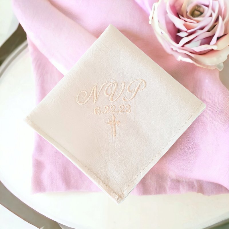 Cross custom embroidered handkerchief linen, Personalized Holy Communion gift - Handkerchiefs & Pocket Squares - Linen White