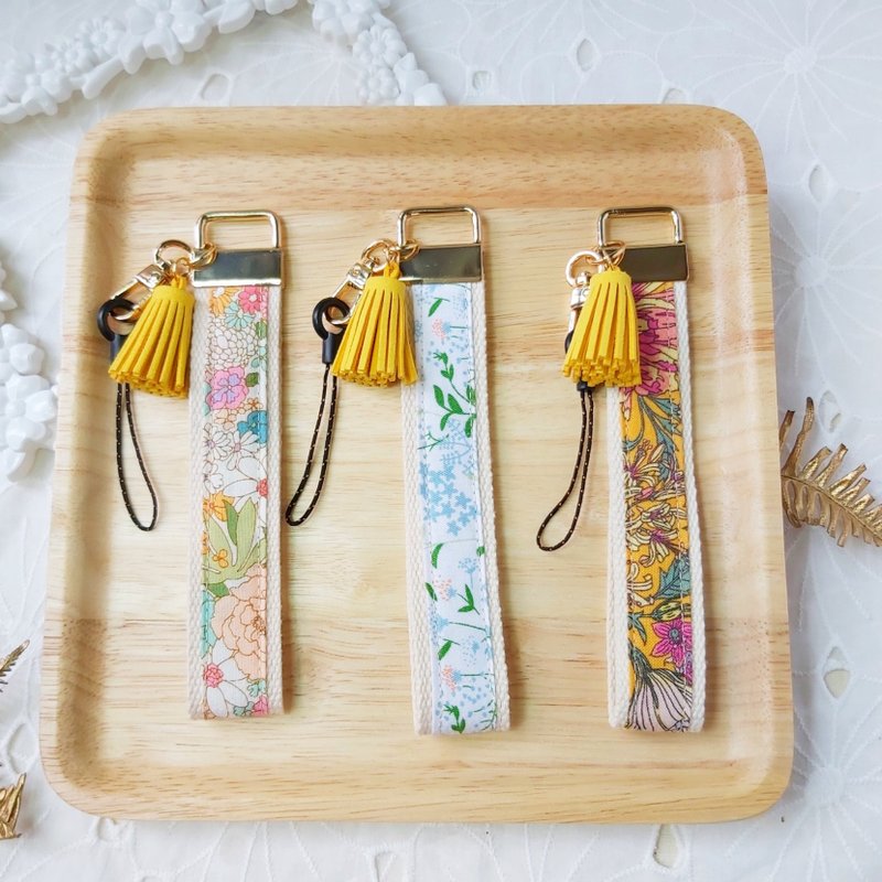 黃色系花布流蘇手機防摔手腕帶 - 掛繩/吊繩 - 棉．麻 黃色