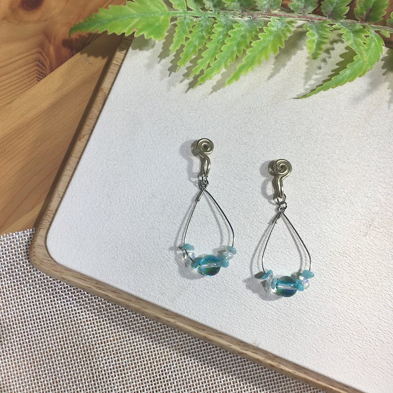 Water droplet blue crystal ear clip earrings - Earrings & Clip-ons - Other Metals Silver
