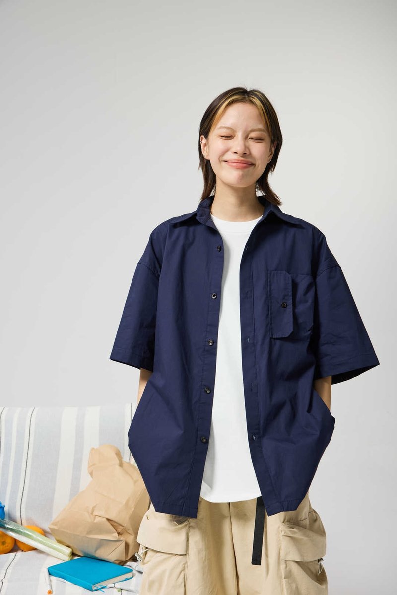 INSCOO Japanese simple shirt - เสื้อเชิ้ตผู้ชาย - ผ้าฝ้าย/ผ้าลินิน สีน้ำเงิน